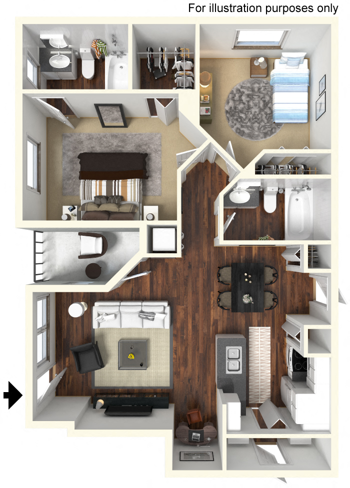 Floor plan for 2 beds, 2 baths, 973 sqft